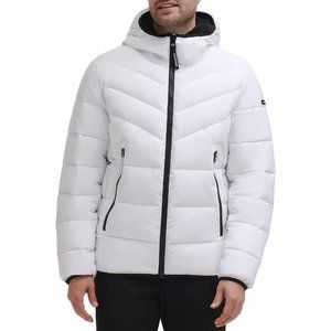 Mens White Winter Puffer Stretch Jacket With Sherpa Hood
